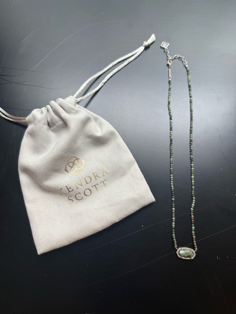 Kendra Scott Olive Green Beaded Necklace with Stone Pendant